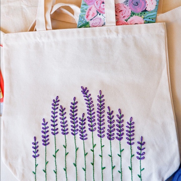 Lavender field embroidered tote, heavy duty tote bag, hand embroidered tote - Picture 1 of 5